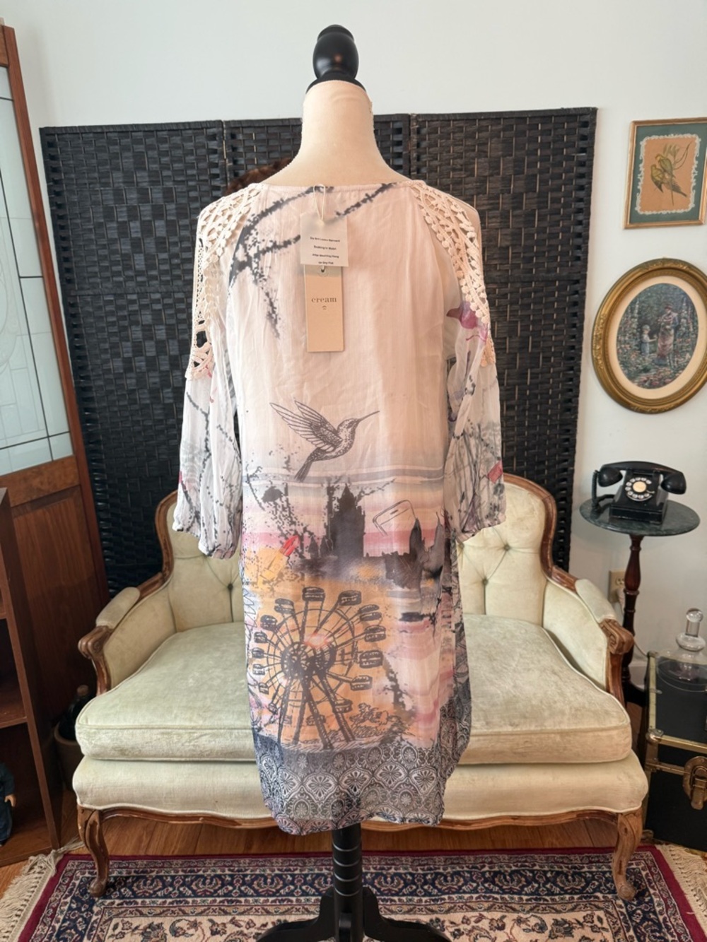 🐦 NWT Cream Addie Dress Chalk Print Lace Shoulder Sheer Boho Tunic EU 36 - Picture 8 of 14